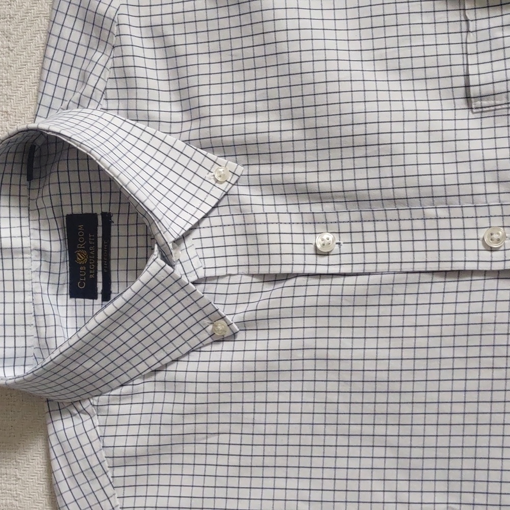 Dress Shirt, White With Blue Check Pattern, Wrinkle Resistant, 17 (34-35)